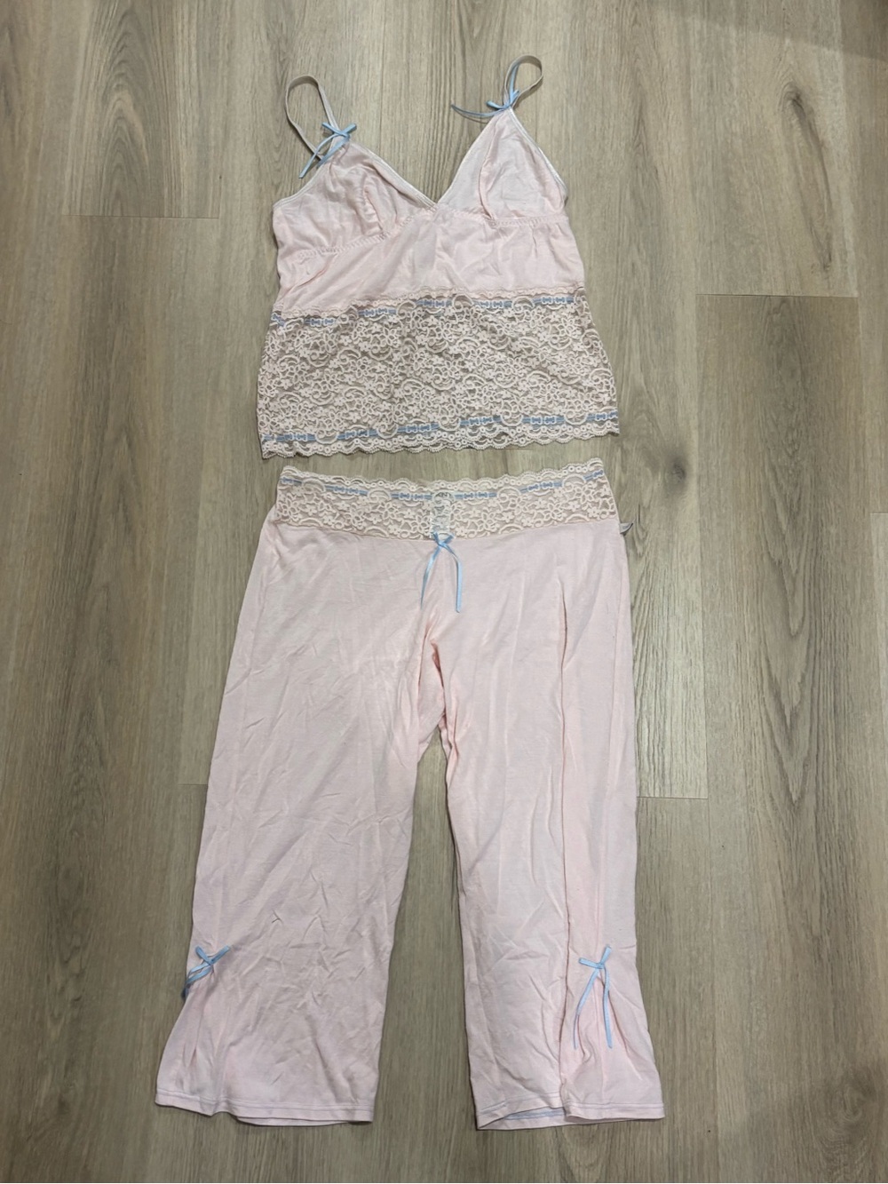DKNY Pink Lace-Trim Camisole & Capri Pajama Set with Blue Ribbon Accents